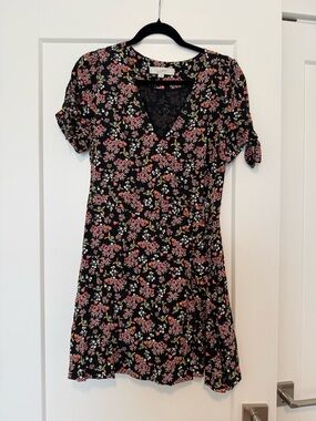 LOFT Black Pink Floral V-Neck Wrap Dress with Shorts